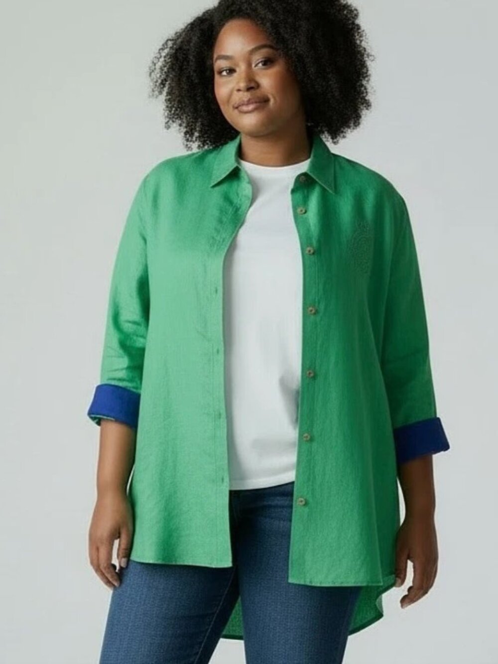 LAUREN RALPH LAUREN Linen Button Down Tunic Shirt with Flip Cuffs 3X Green